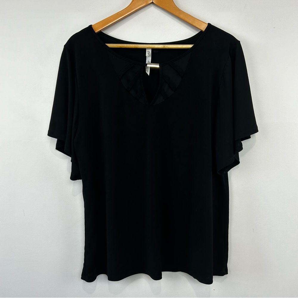 NY Collection black flutter sleeve blouse with neck detail 1X